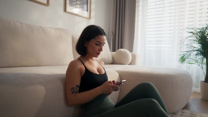 Young Woman Sits On Floor Using Smartphone In Modern Living Room