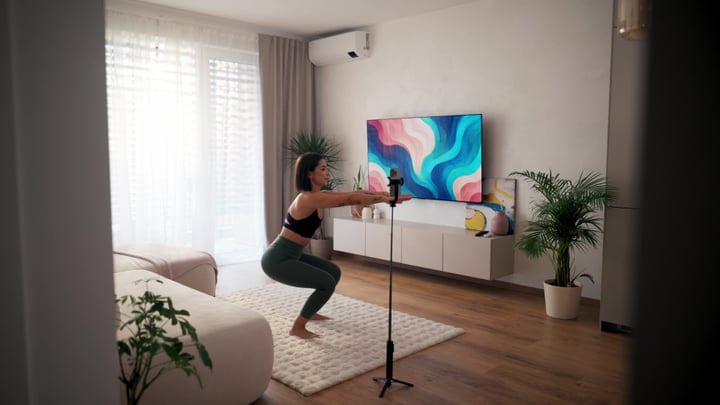 Woman Doing Squats At Home In Bright Living Room Light