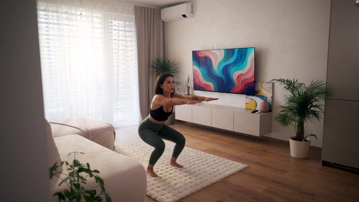 Woman Doing Squats In Bright Living Room With Morning Light