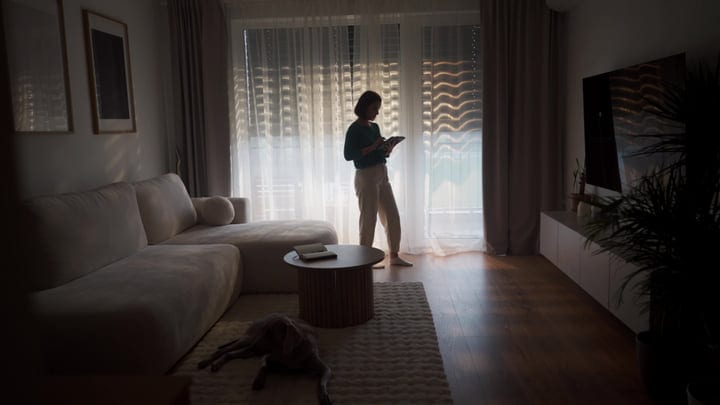 Woman Stands By Window Reading Tablet In Bright Morning Living Room Light