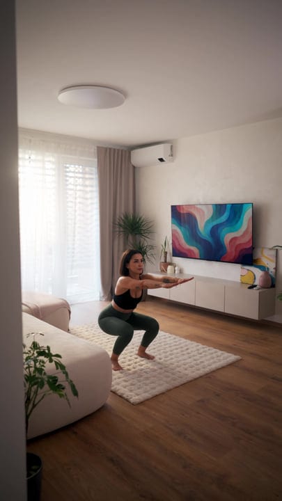 Woman Performing Squats In Modern Living Room During Her Morning Fitness Routine