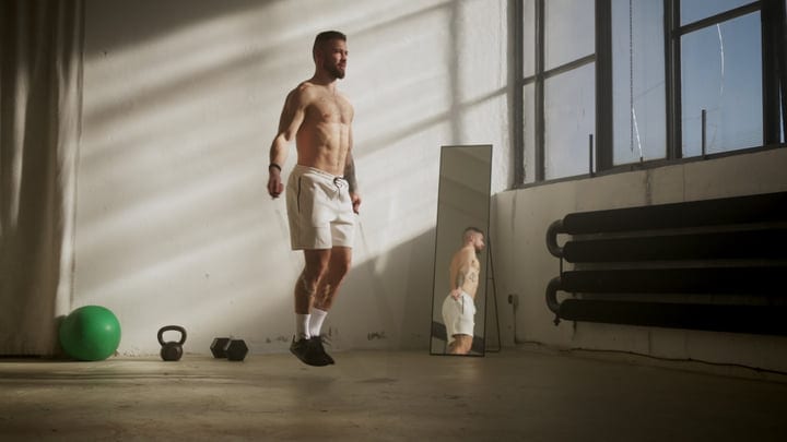 Shirtless Man Skipping Rope During Intense Indoor Workout In Loft Gym